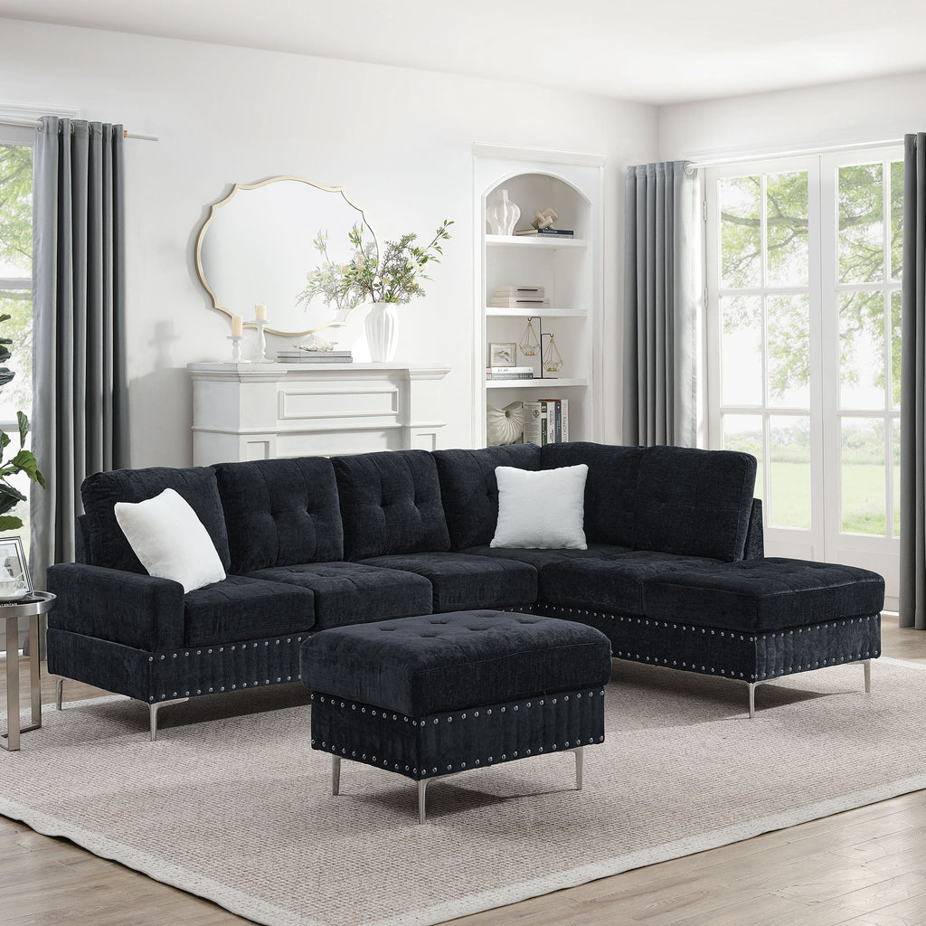 L-Shaped Sectional Sofa with Chaise and Storage Ottoman - Blue or Black