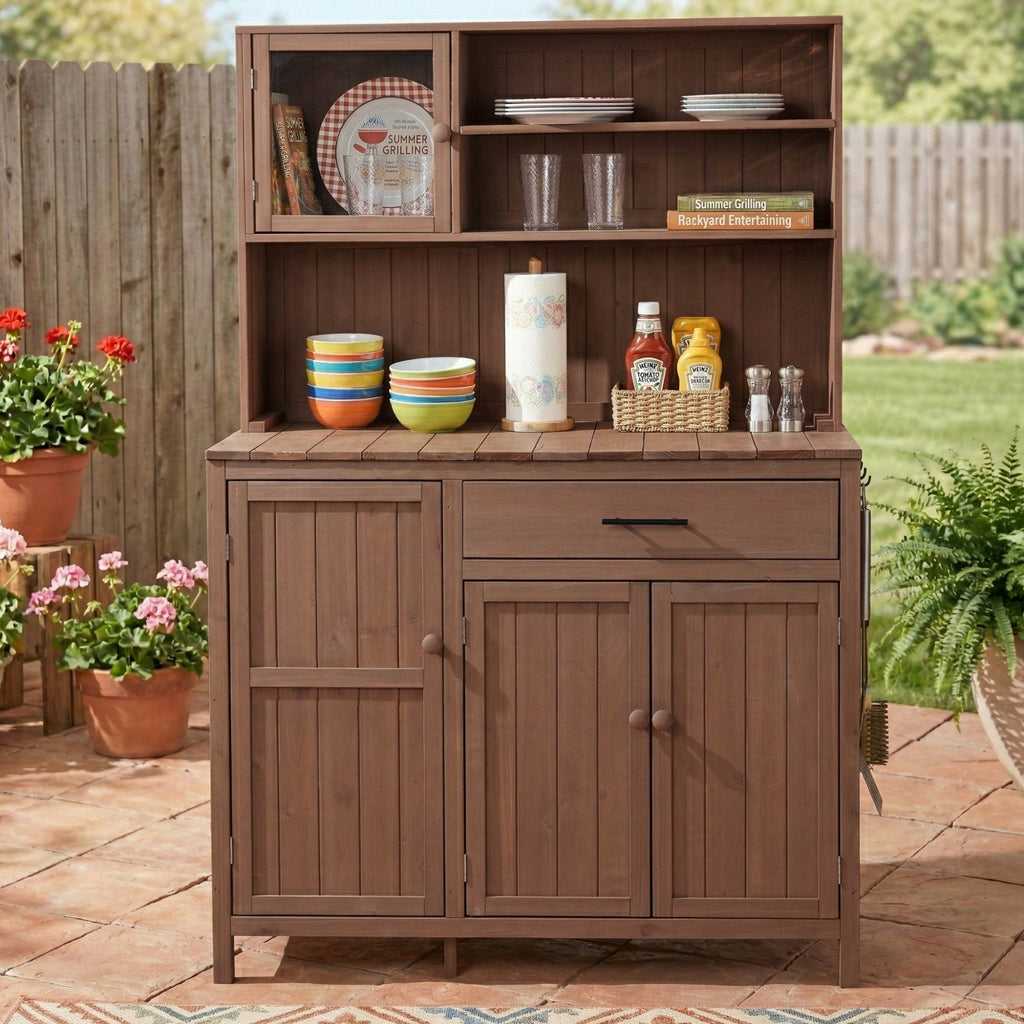 Solid Fir Wood Potting Bench with Hutch - Brown or Gray