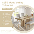 Farmhouse Extendable Wood Dining Table Set for 6 with Upholstered Seating - Natural Wood