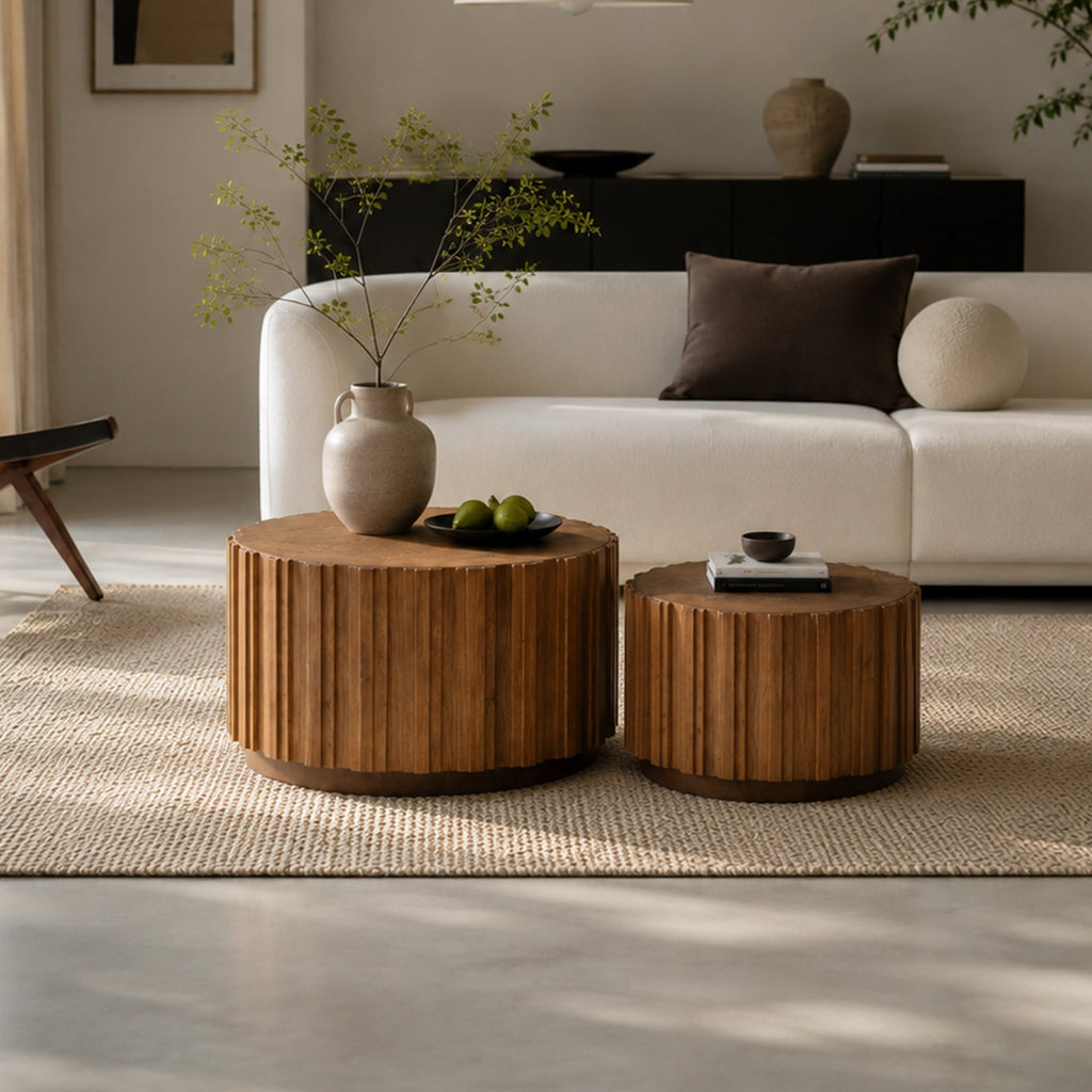 Round Nesting Coffee Table Set of 2 with Vertical Slatted Design - Walnut Brown or Natural Wood