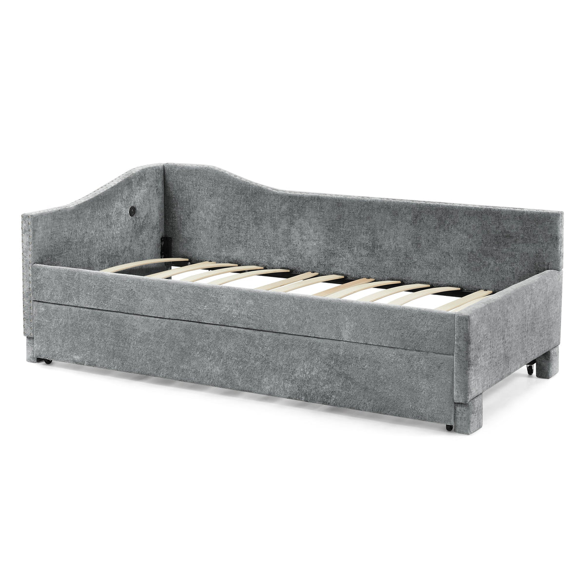 Full Size Curved Chenille Daybed with Trundle and USB Port
