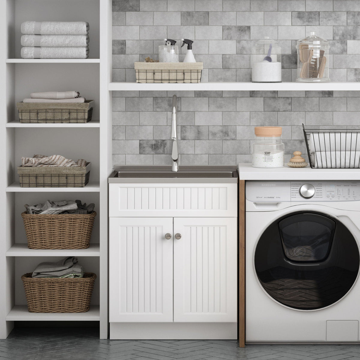 White Laundry Cabinet with Stainless Steel Sink and Faucet