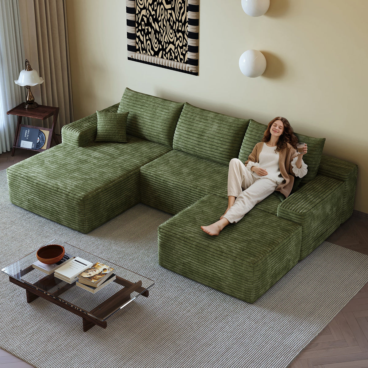 107" Cloud Sectional Sofa with Ottoman with Plush Corduroy - Black or Green