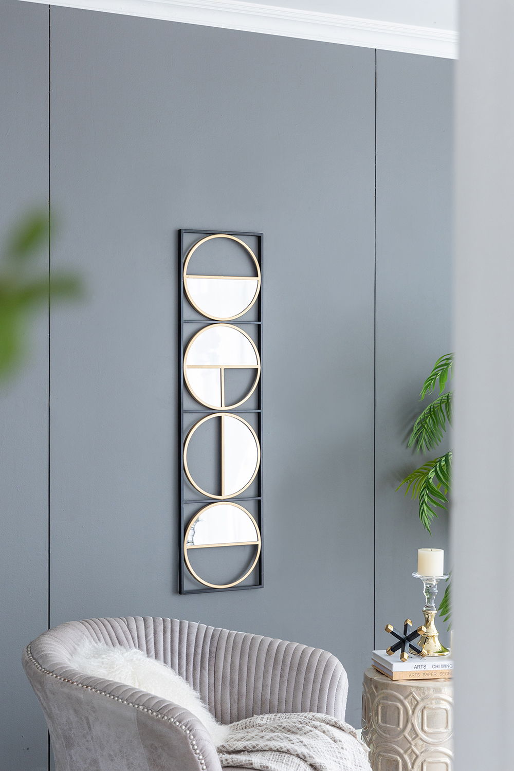 Metal Beaded Accent Mirror with Eclectic Contemporary Design - Gray