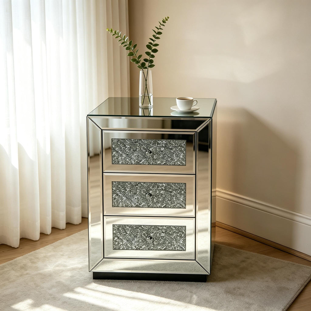 3 Drawer Nightstand with Glass Accents - Silver