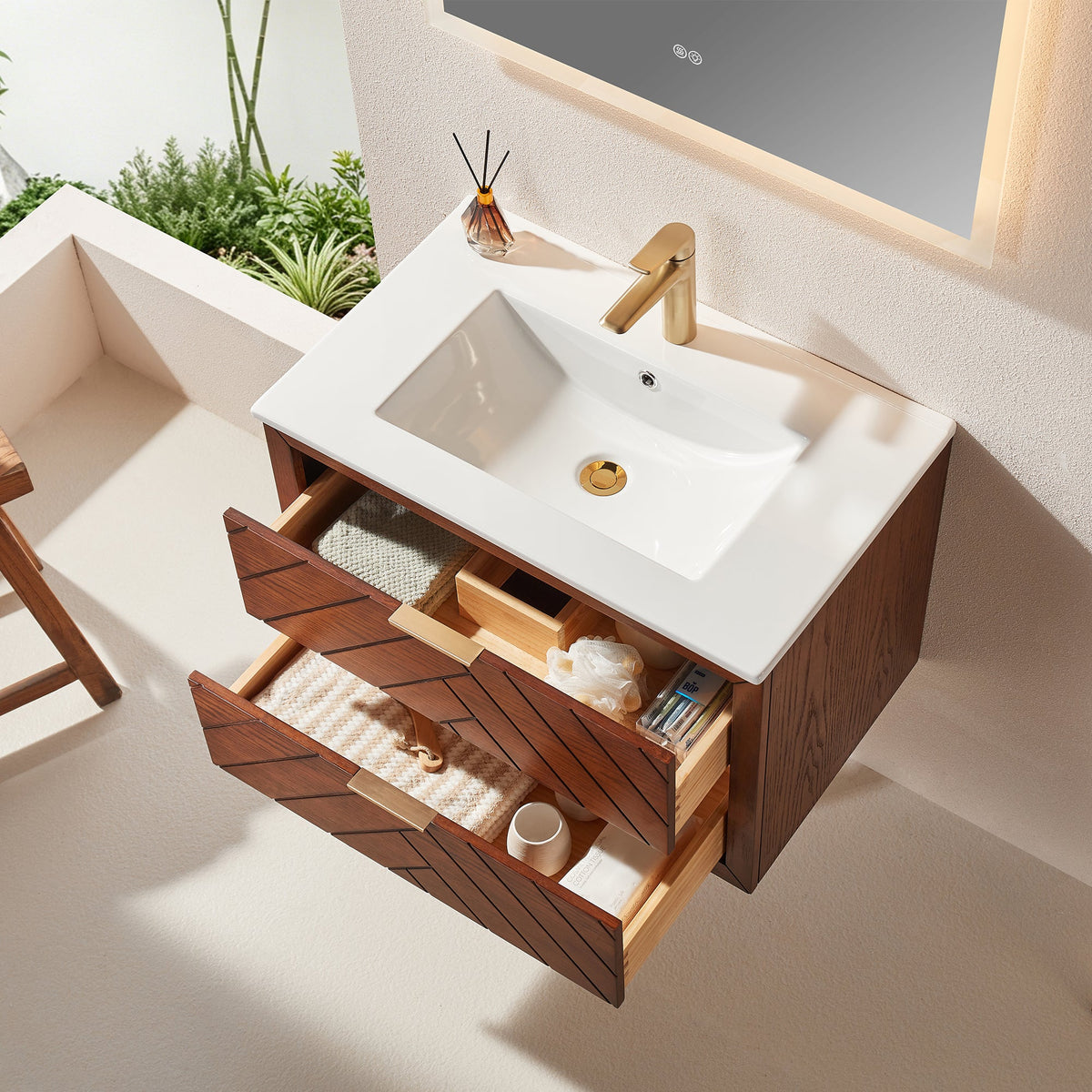 30" Floating Single Vanity Cabinet with Ceramic Top - Walnut