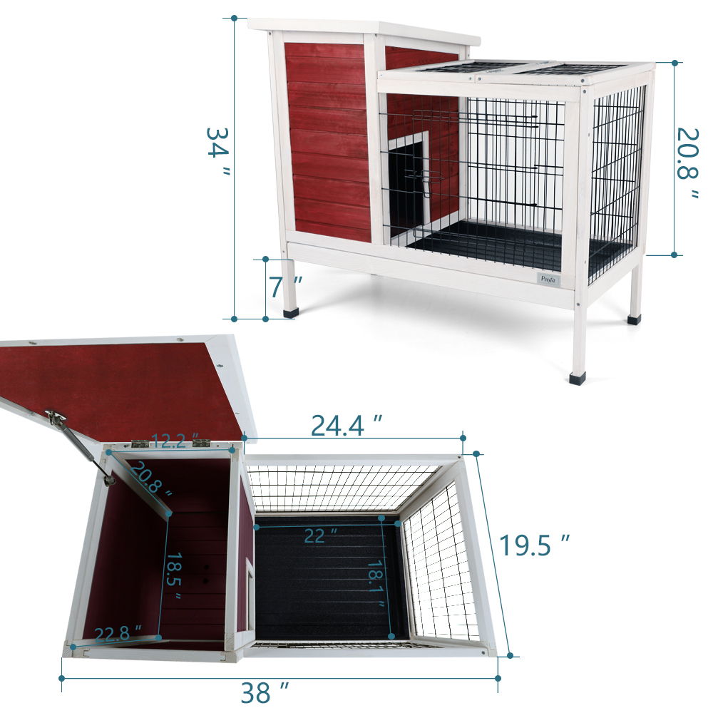 Two Tier Wooden Rabbit Cage with Leak-Proof Plastic Tray – Dark Gray or Red