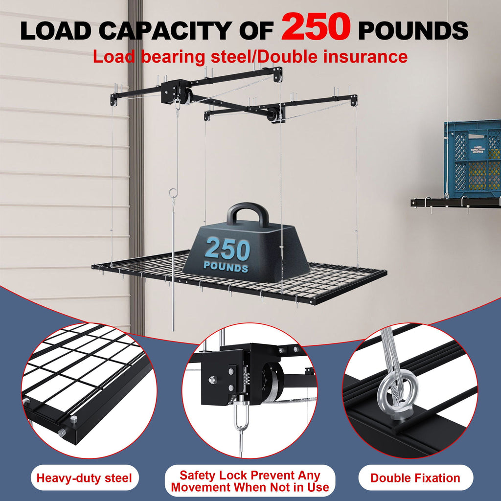 Overhead Garage Storage Rack with Crank System - Black or White