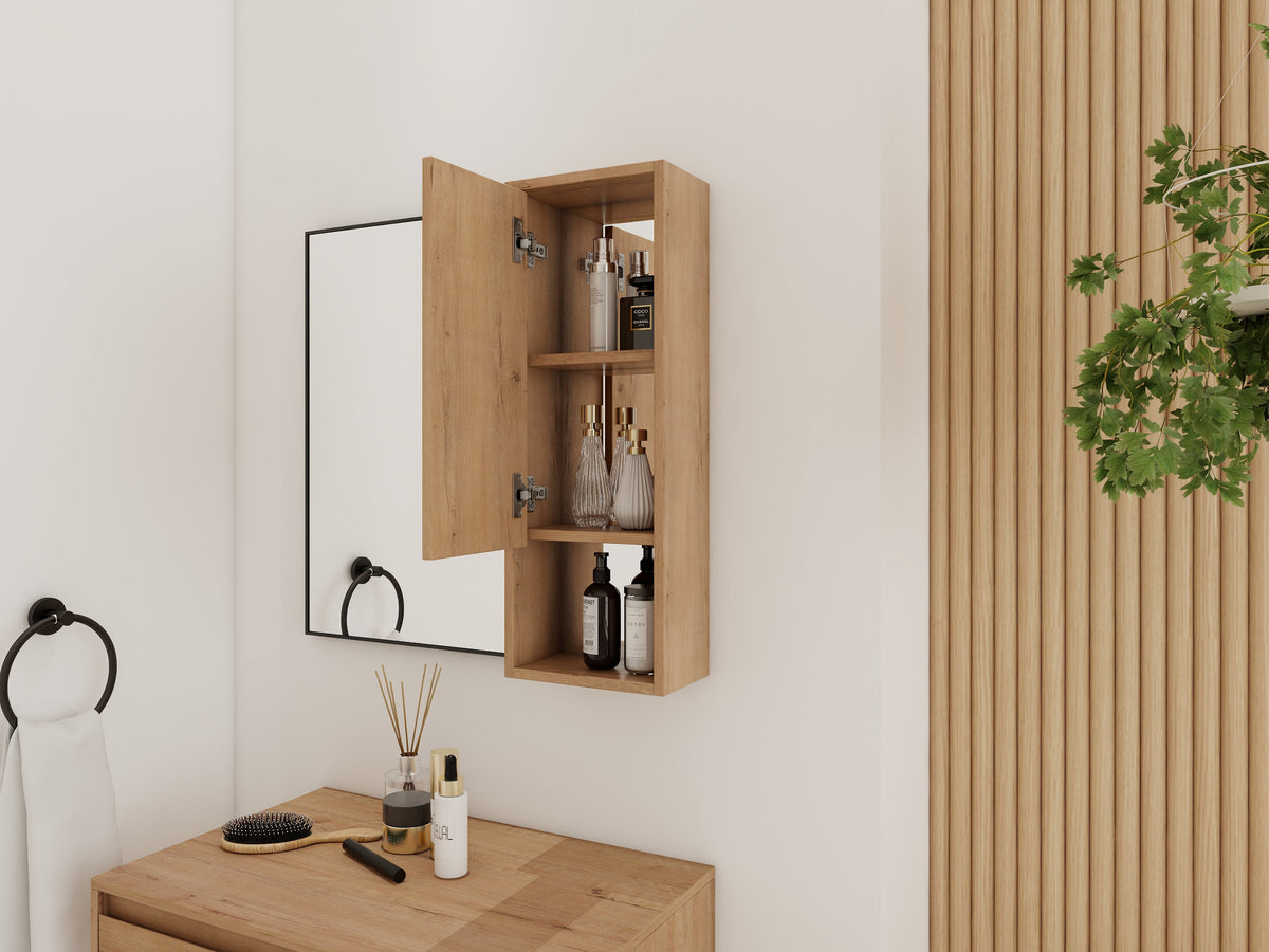 Imitative Oak Wall Mounted Bathroom Mirror Cabinet with Soft Close Door