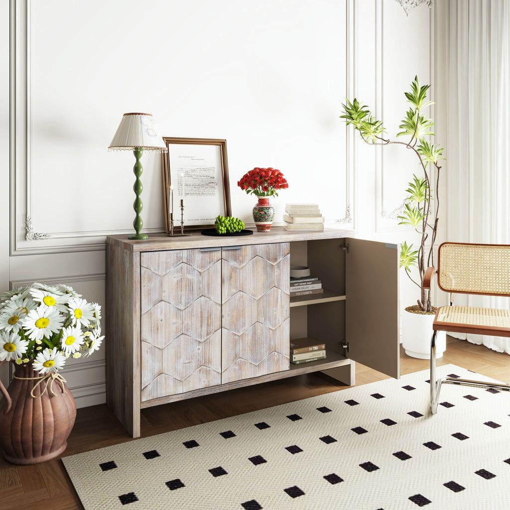 Farmhouse Style Wooden Sideboard with Adjustable Shelves - Light Brown