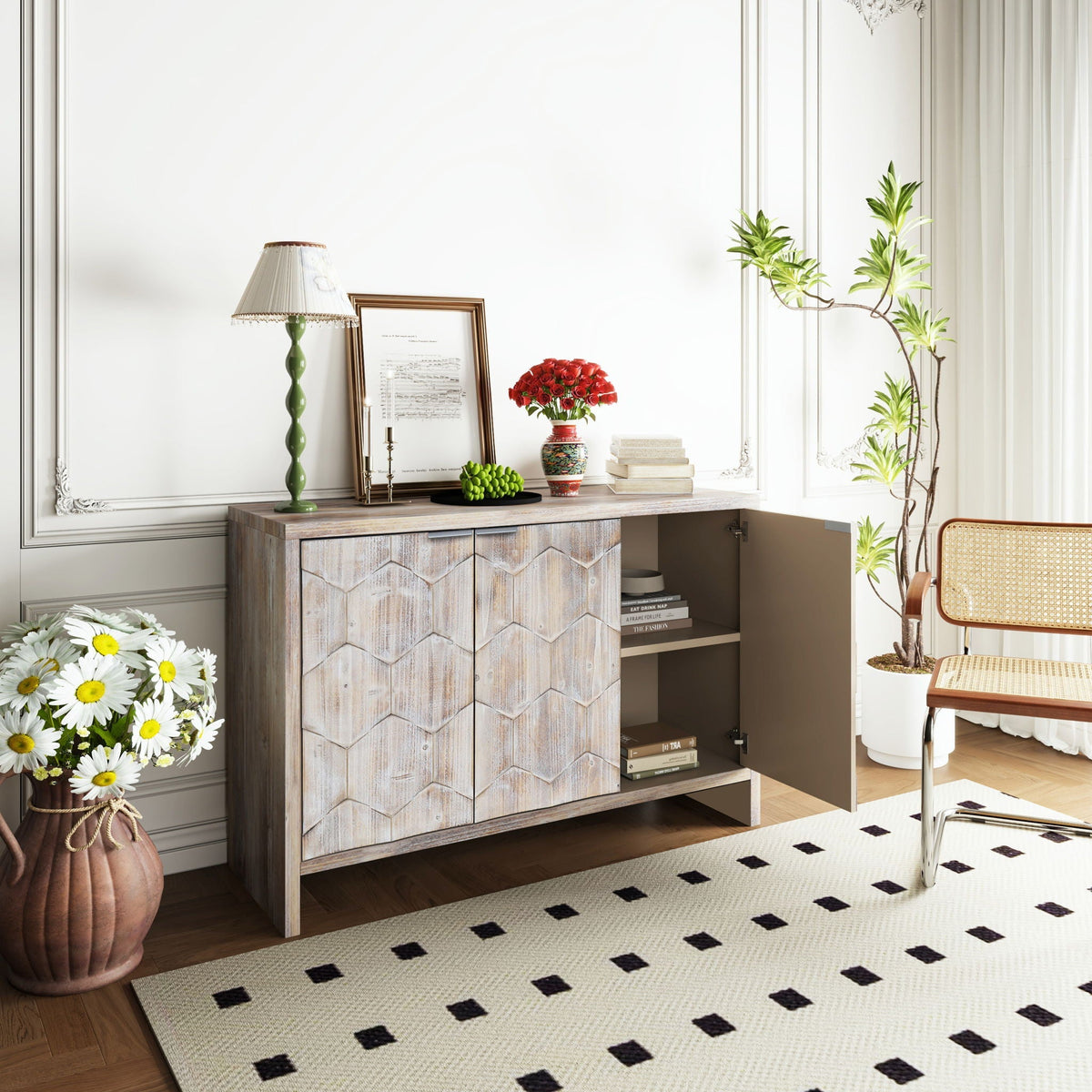 Farmhouse Style Wooden Sideboard with Adjustable Shelves - Light Brown