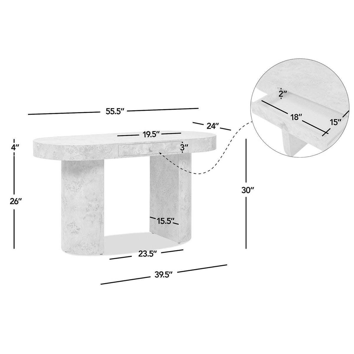 Oval Computer Desk with Single Drawer - Burl Wood Veneer, Light or Dark Brown