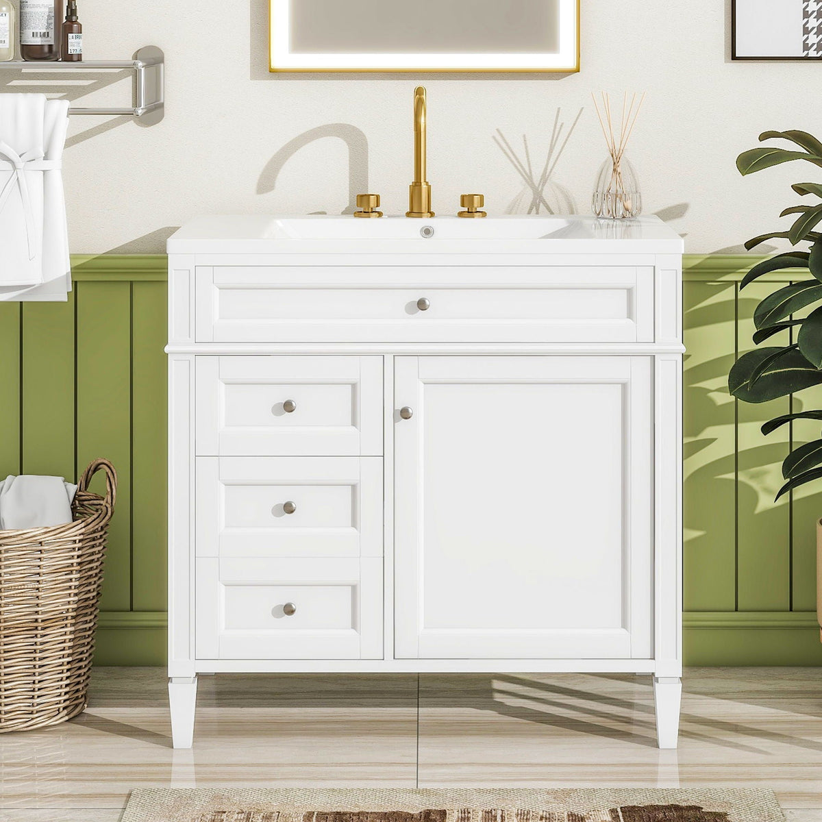 36" Bathroom Vanity with Ceramic Sink and Storage Drawers - Multiple Colors