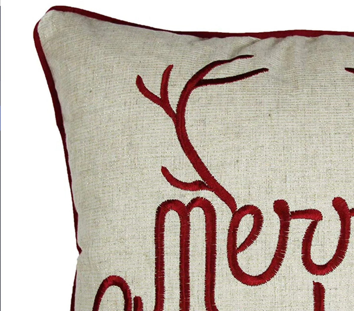 Christmas Throw Pillow with Embroidered Holiday Message - Red and Gold