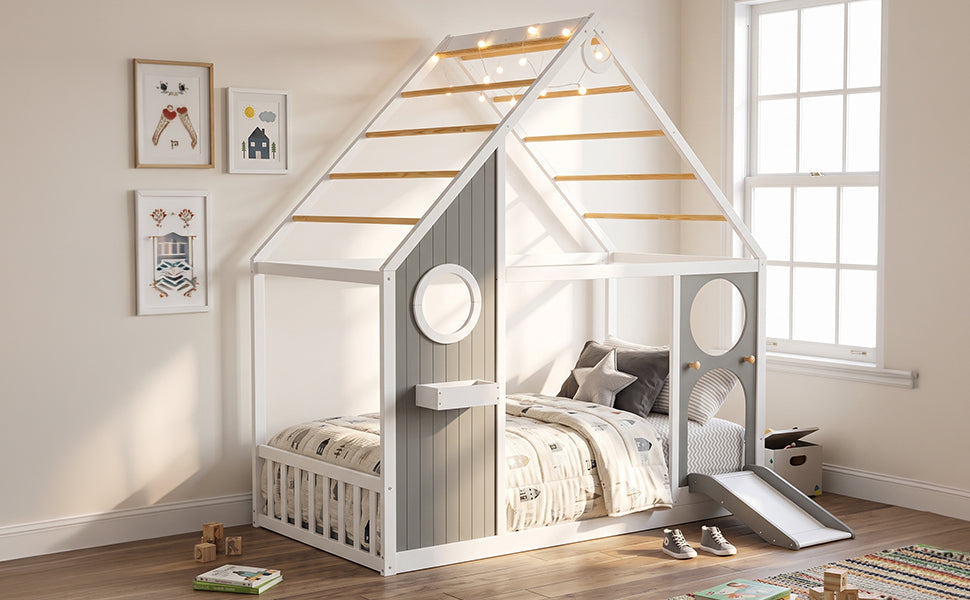 Twin House Bed with Slide and Ball Light Strip - Gray
