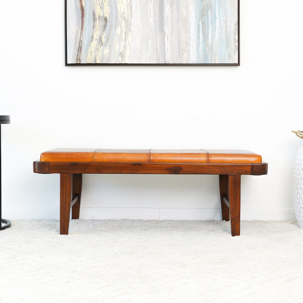 Rustic Upholstered Bench with Genuine Leather Cushion - Tan