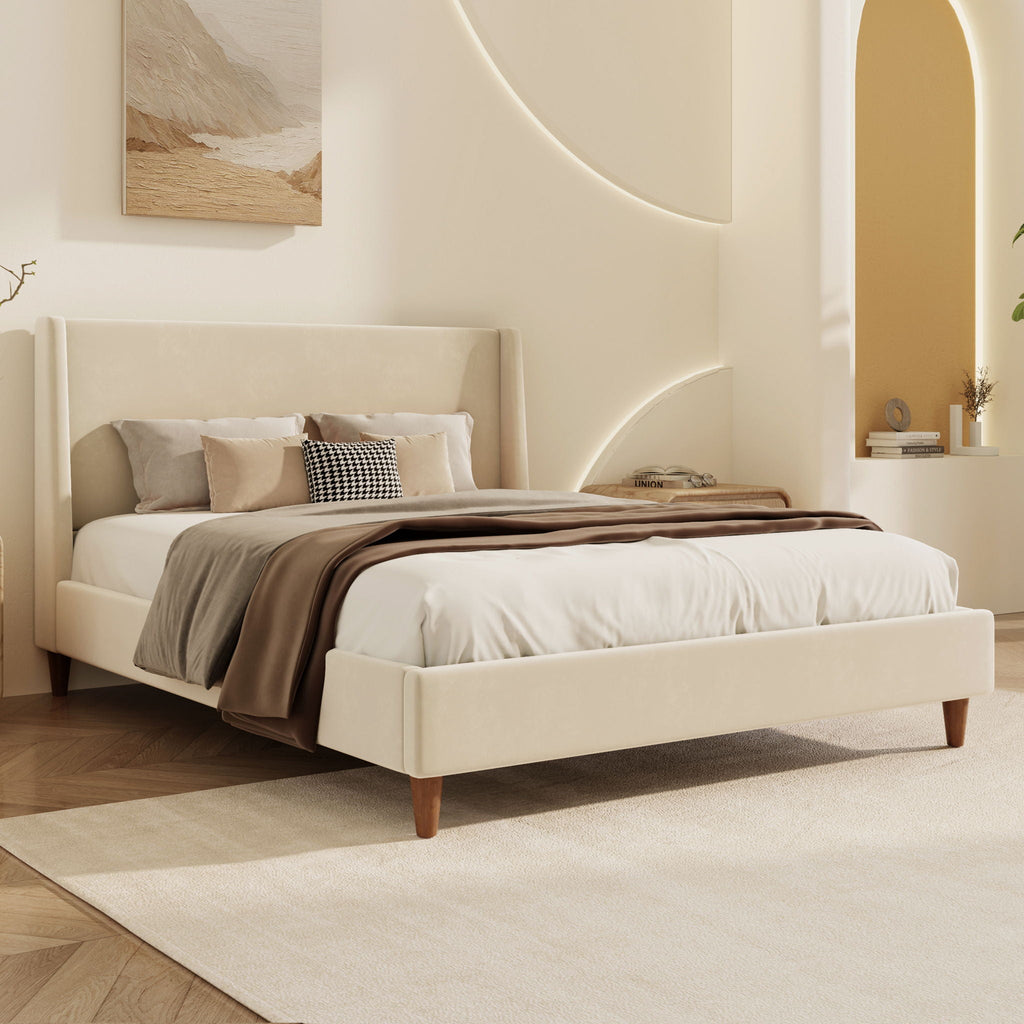 Modern Upholstered Platform Bed with Wingback Headboard – King, Beige