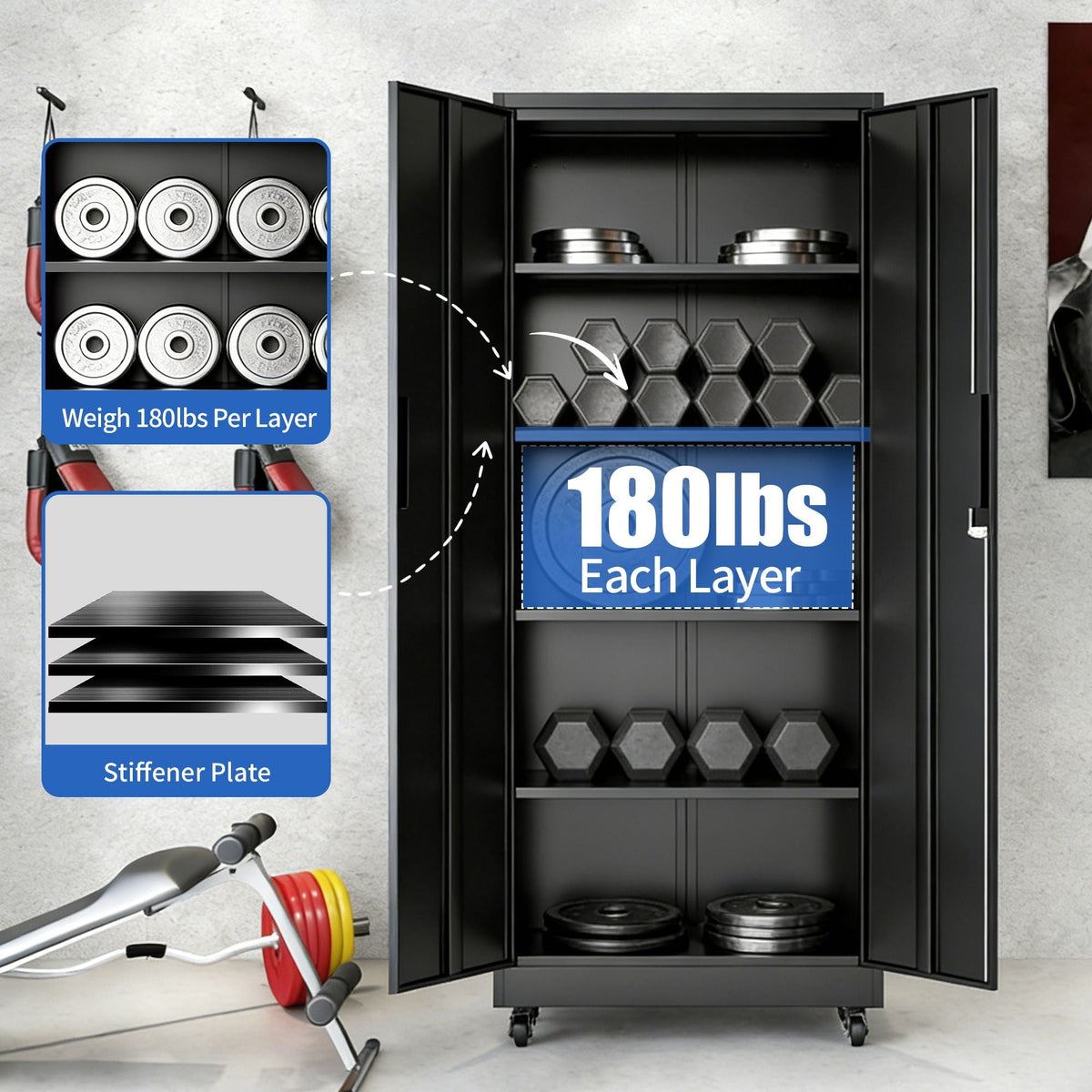 Black Storage Cabinet with Wheels and Adjustable Shelves - Locking Security