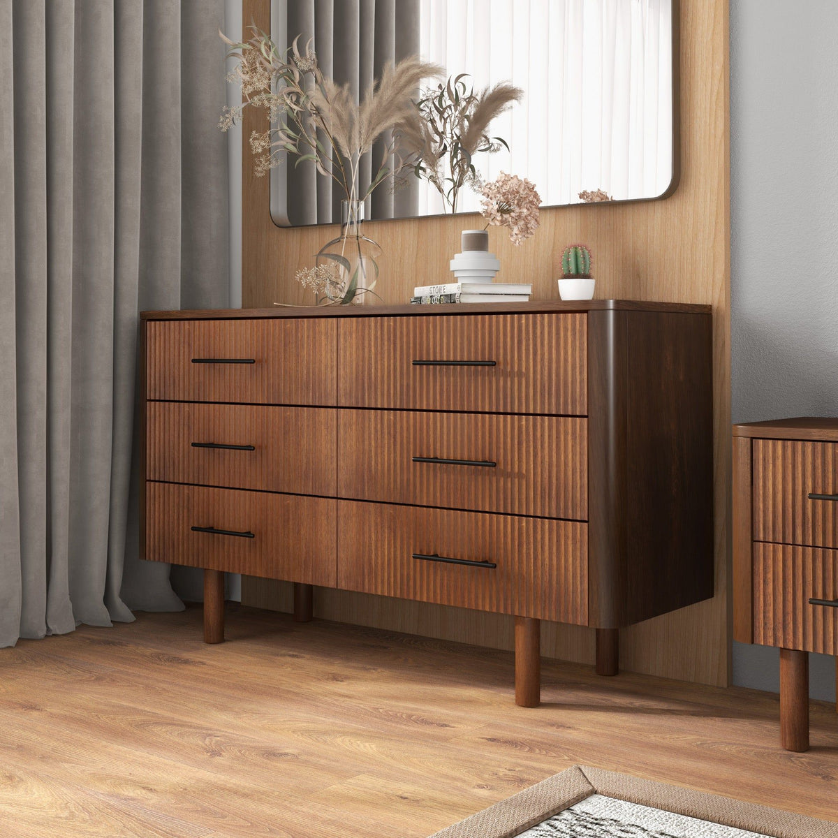 Brown 6-Drawer Dresser with Walnut Finish – Solid Wood