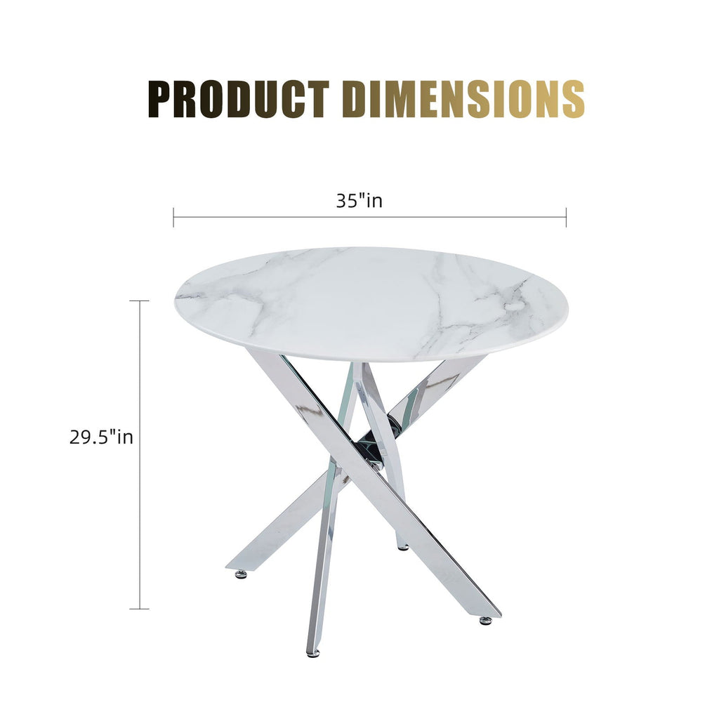 Modern Round Dining Table with Metal Frame - Pearl Silver, Gold, or White
