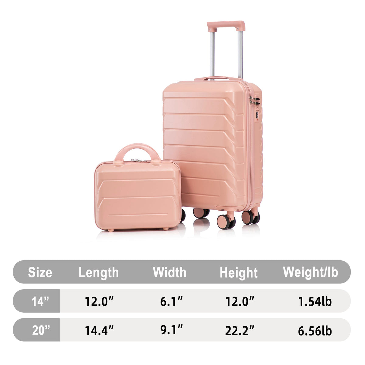 ABS 2-Piece Luggage Set with Spinner Wheels and Combination Lock - Pink
