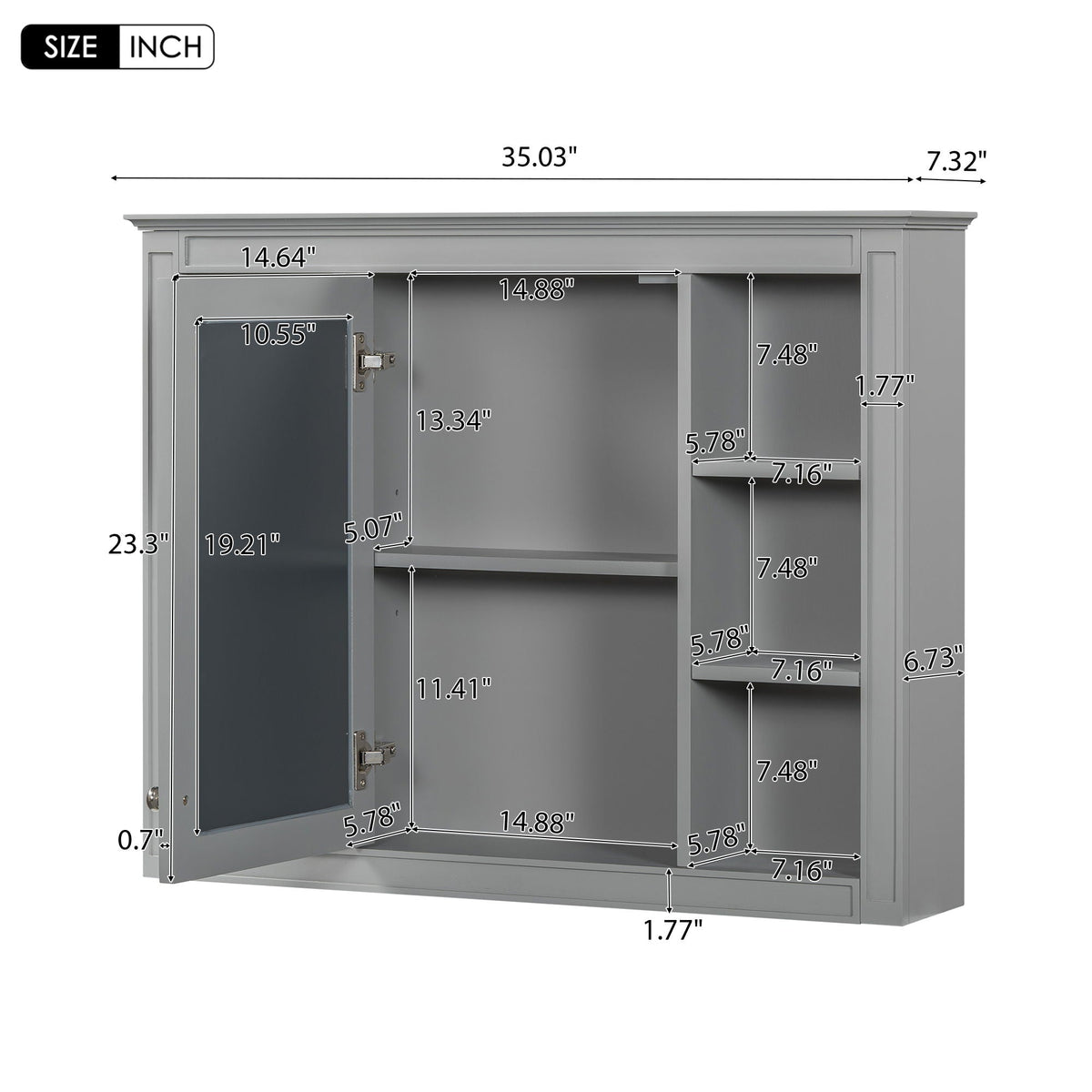 Wall Mounted Medicine Cabinet with Mirror and 6 Open Shelves - Multiple Colors