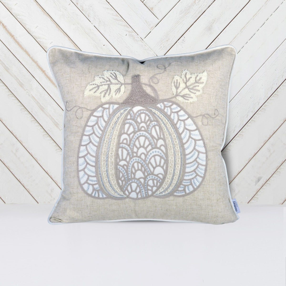 Lace Embroidered Pumpkin Throw Pillow with Linen-Blend Fabric - Natural