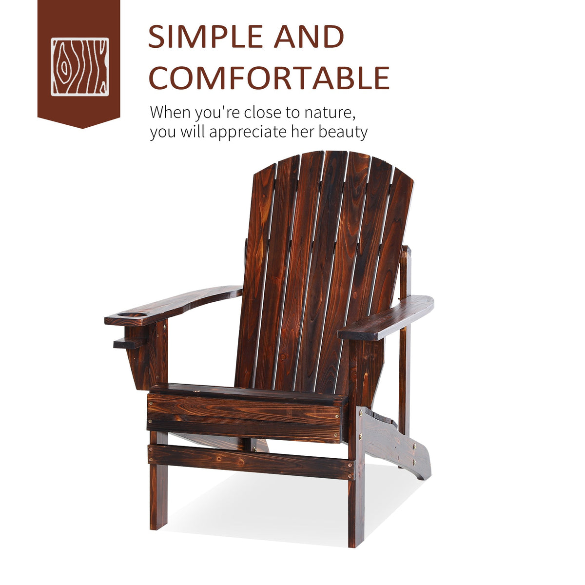 Wooden Adirondack Chair Patio Seating with Cup Holder - Natural Wood
