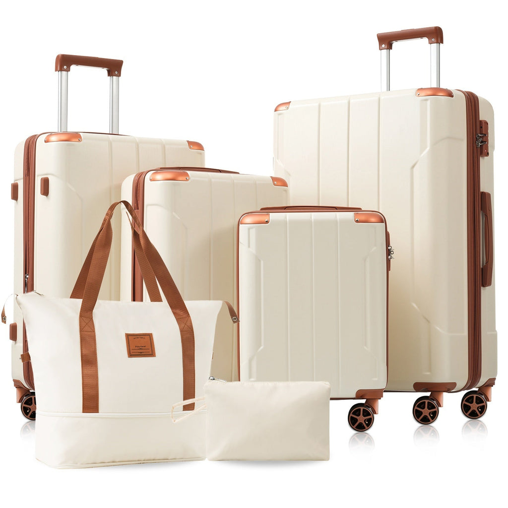 Brown & White Expandable Hardshell 6-Piece Luggage Set with TSA Locks