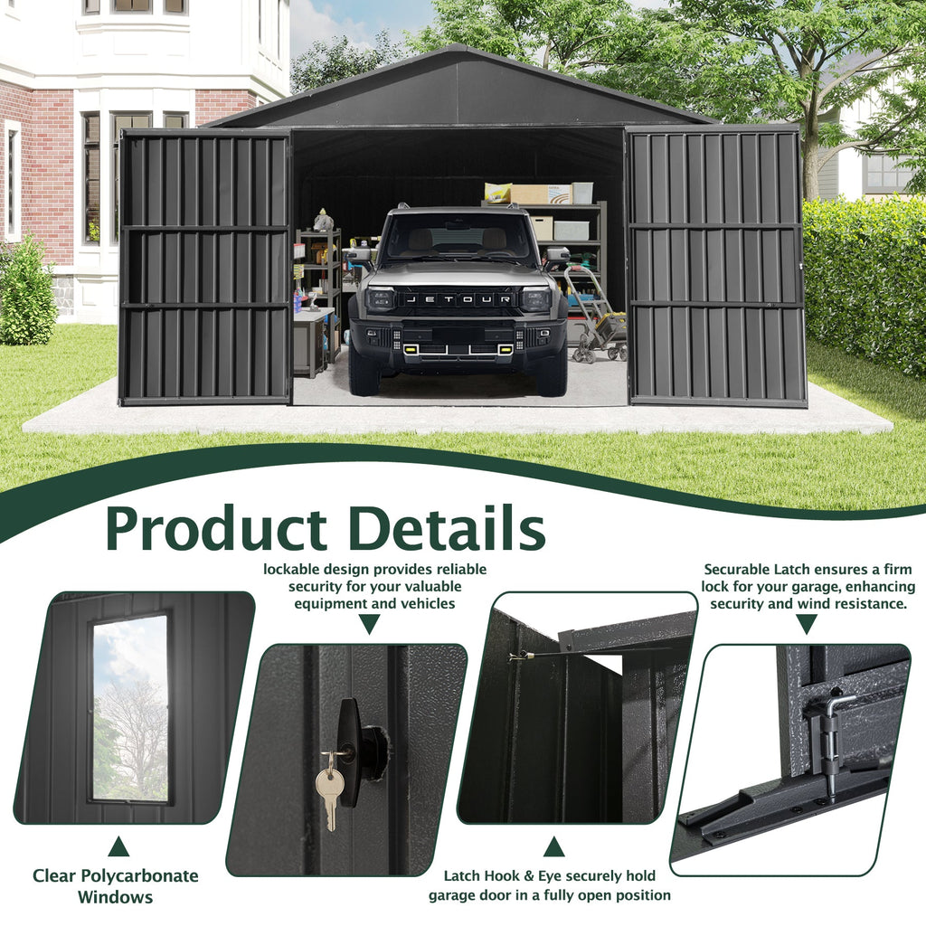 12x15FT Outdoor Metal Garage Shed with Lockable Doors - Metal