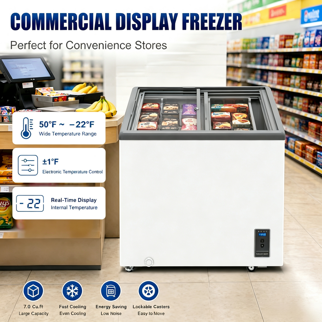 7.0 Cu.Ft Commercial Display Chest Freezer with Inverter Technology - Glass