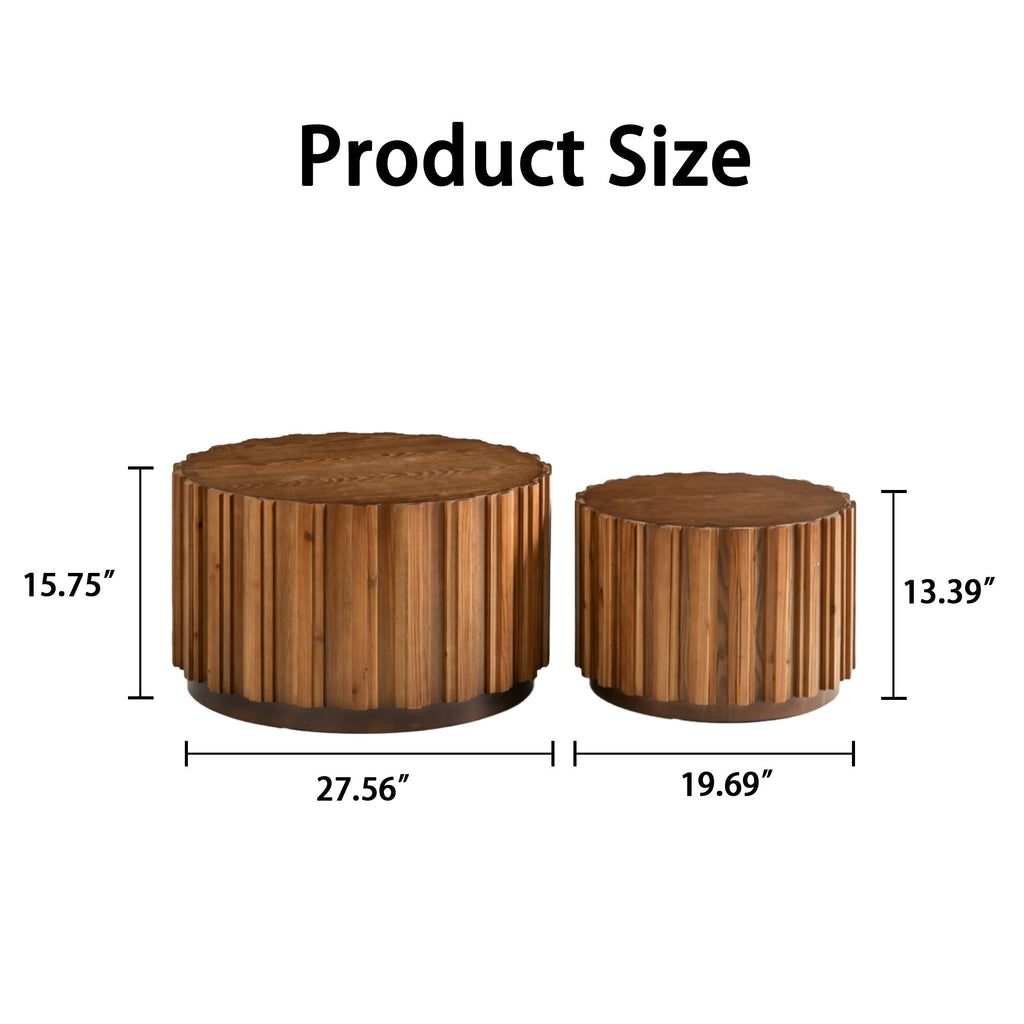 Round Nesting Coffee Table Set of 2 with Vertical Slatted Design - Walnut Brown or Natural Wood
