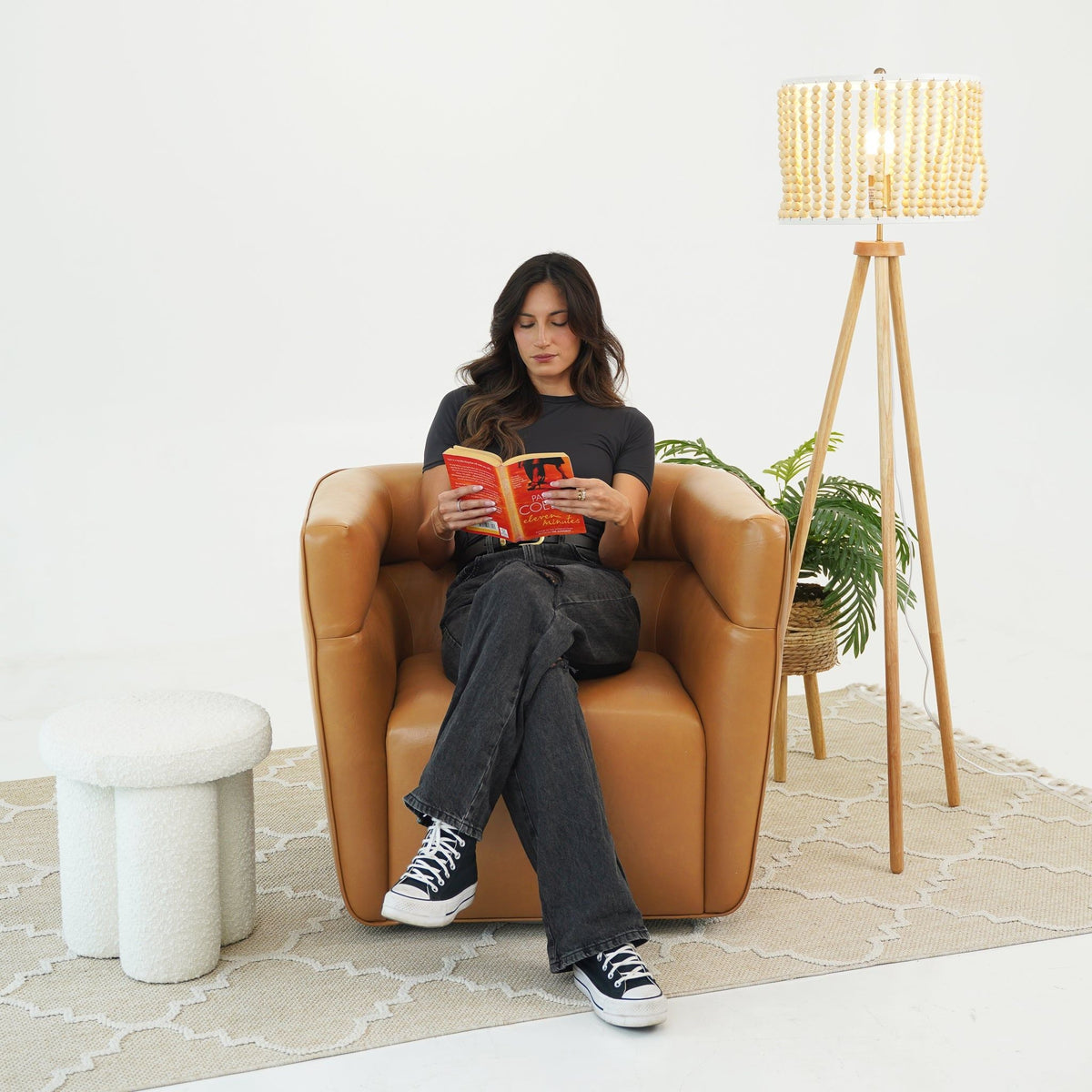 Tan Genuine Leather Swivel Chair with Adjustable Headrest