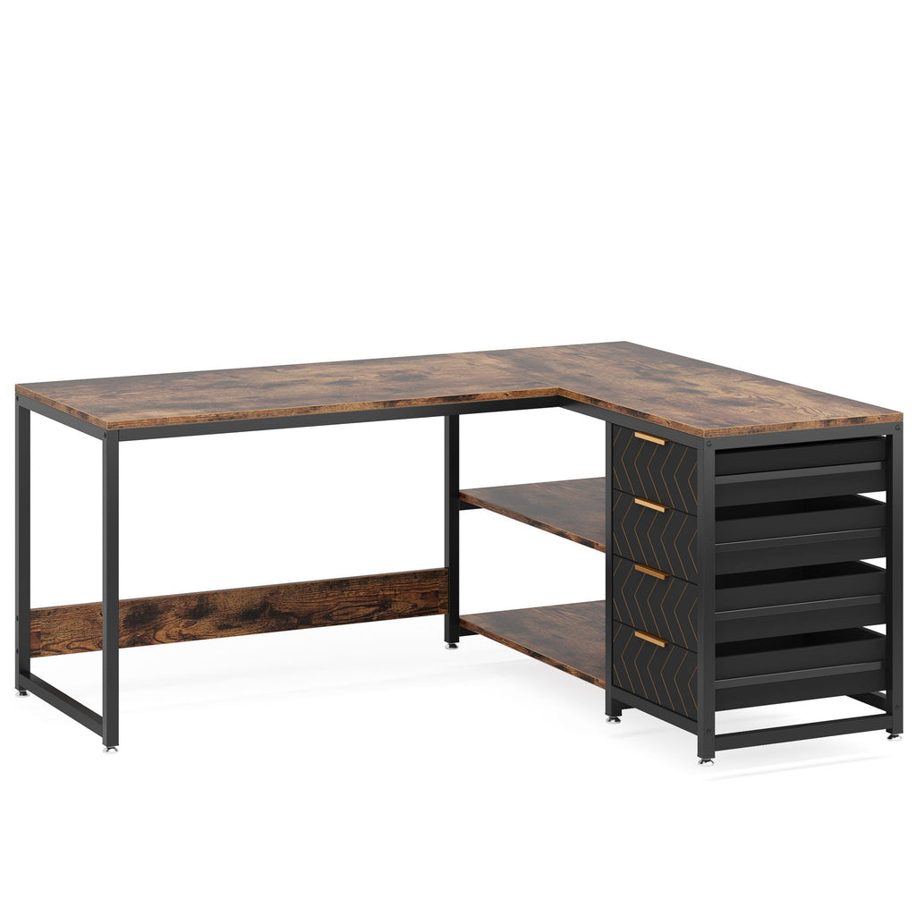 L-Shaped Computer Desk with Drawers and Shelves - Black or Dark Brown