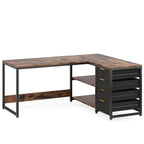 L-Shaped Computer Desk with Drawers and Shelves - Black or Dark Brown