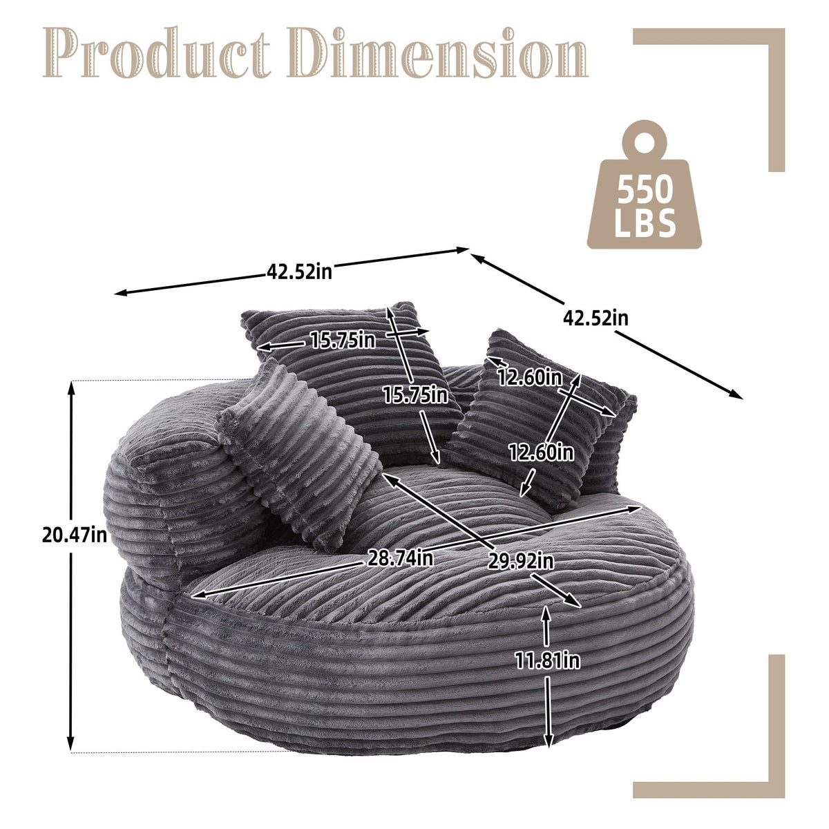 Oversized Bean Bag Chair with 3 Pillows & Armrest - Dark Gray