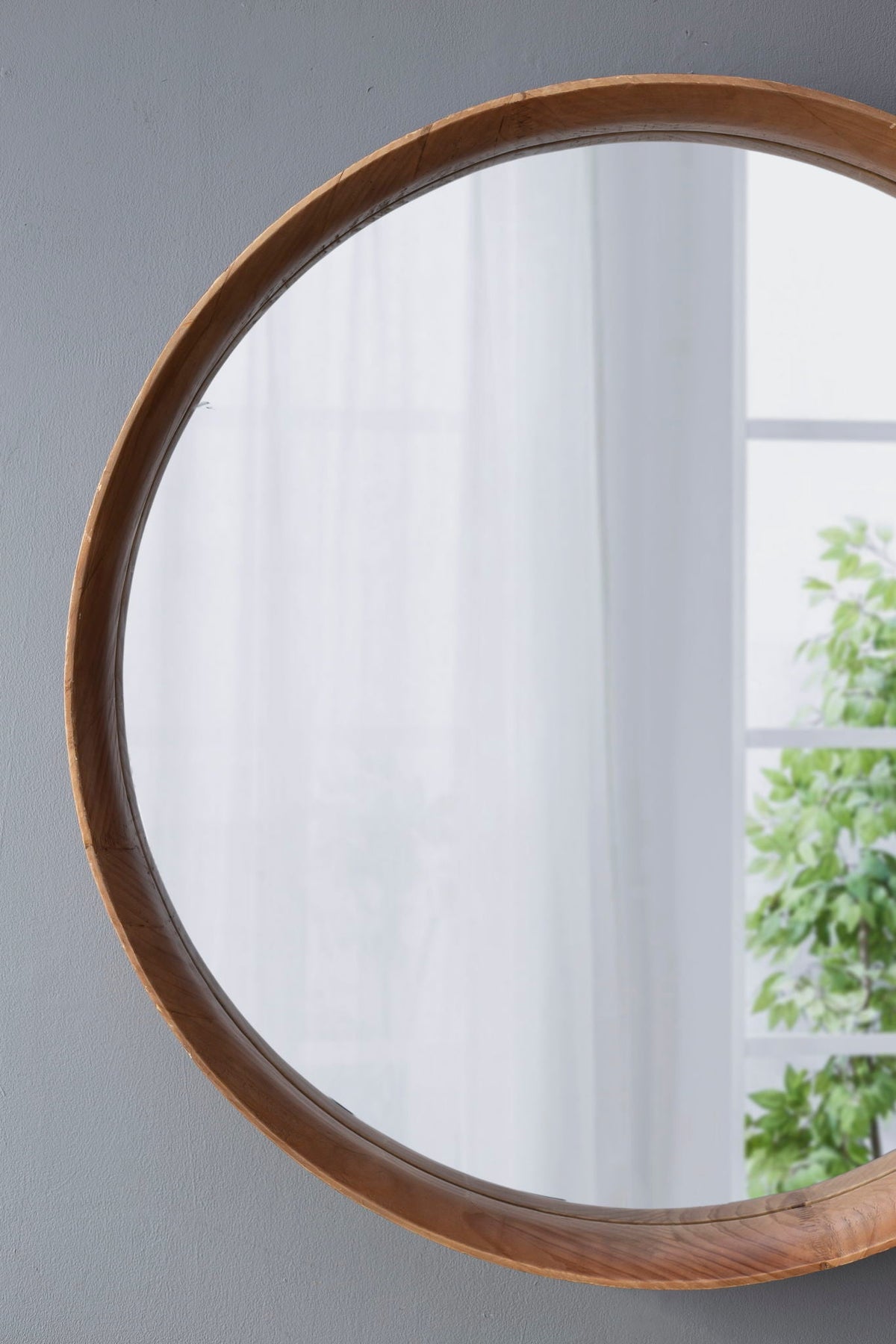 Round Wood Wall Mirror with Durable Fir Frame - Light Brown