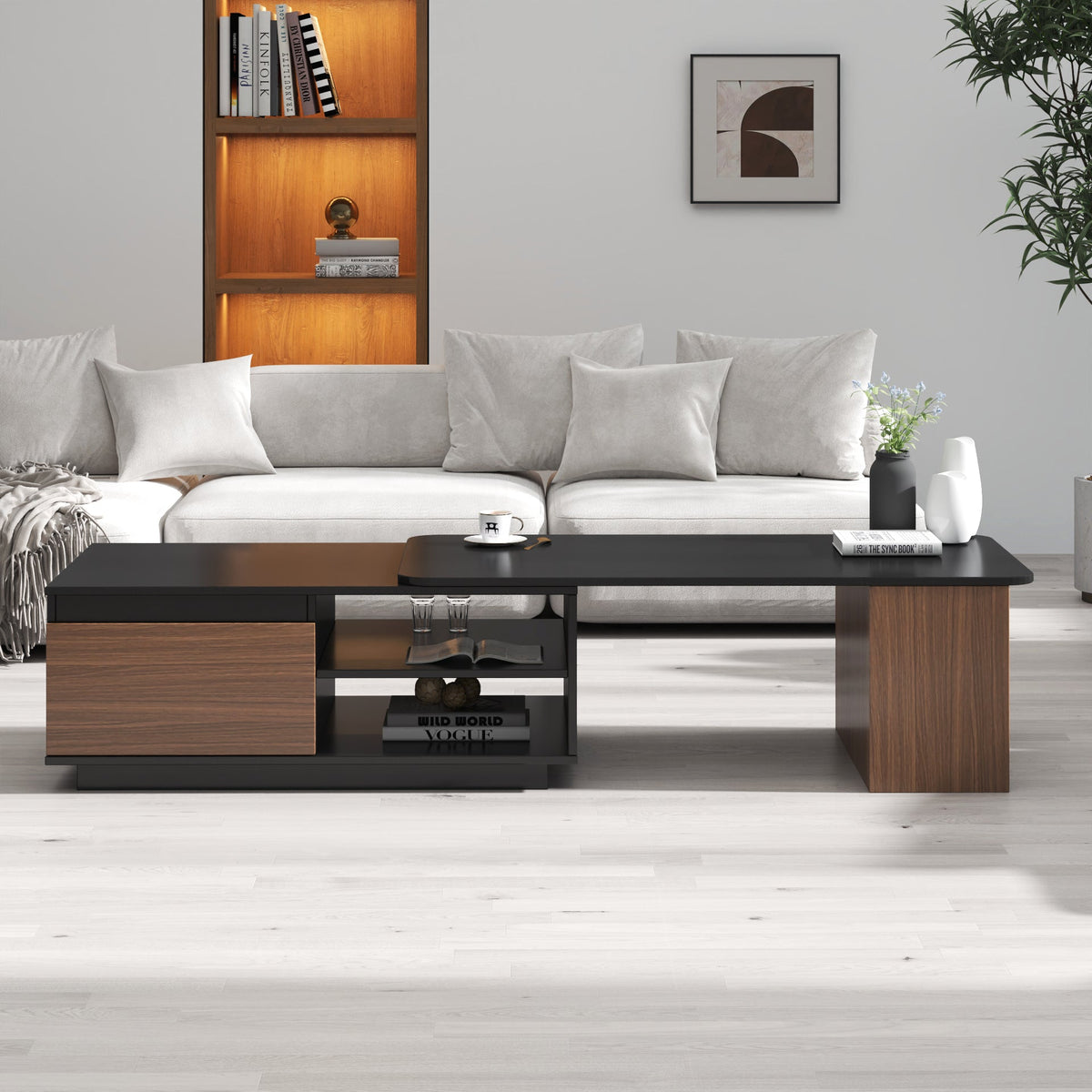 Extendable Coffee Table with Storage Drawers - Melamine Finish