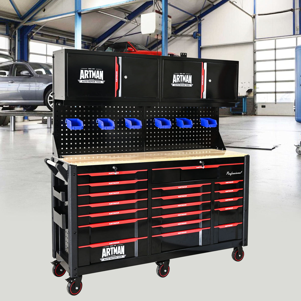 Heavy Duty Tool Cart with 19 Drawers and Locking System - Black/Red