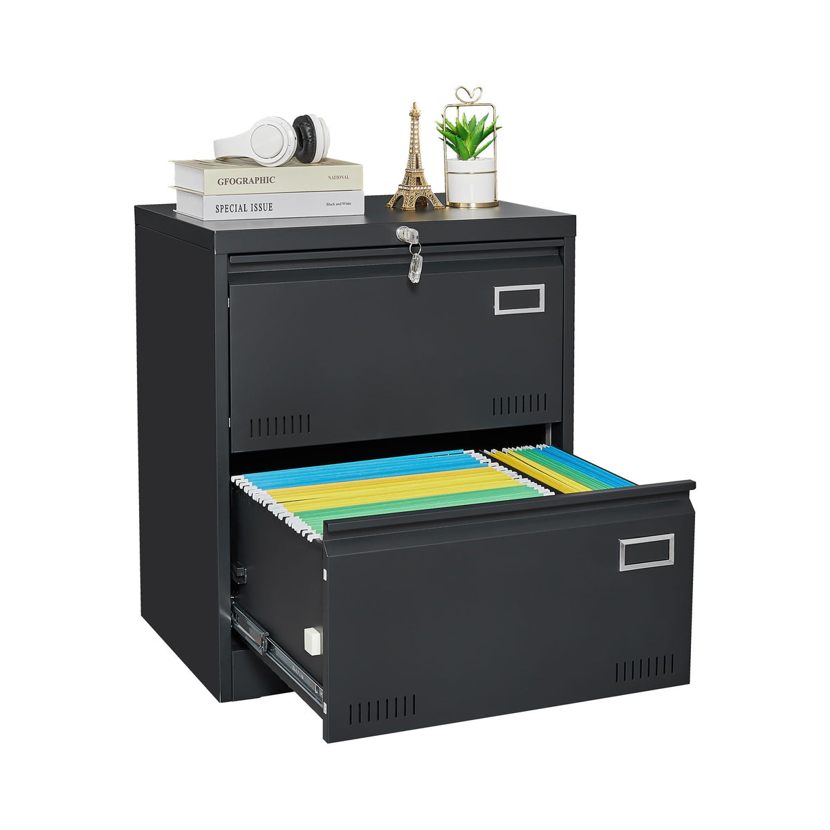 Black Metal Lateral Filing Cabinet with Lock – 2 Drawer Office File Cabinet