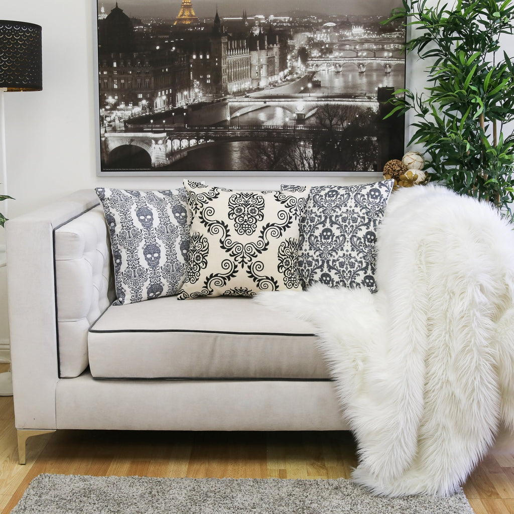Baroque Skull Damask Accent Pillow with Removable Cover - Black & White