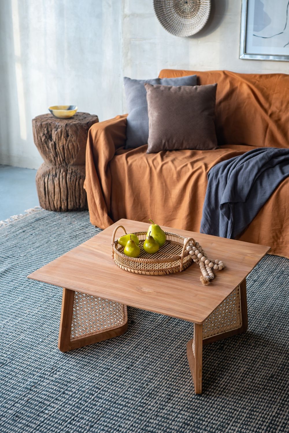 Teak Coffee Table with Teak and Rattan Construction - Natural Wood / Brown