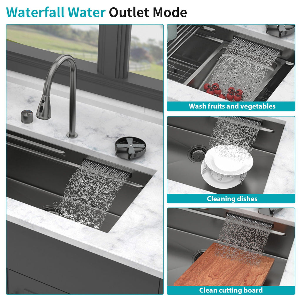 Undermount Stainless Steel Kitchen Sink with Pull Down Faucet & Ledge Workstation - Gray or Black