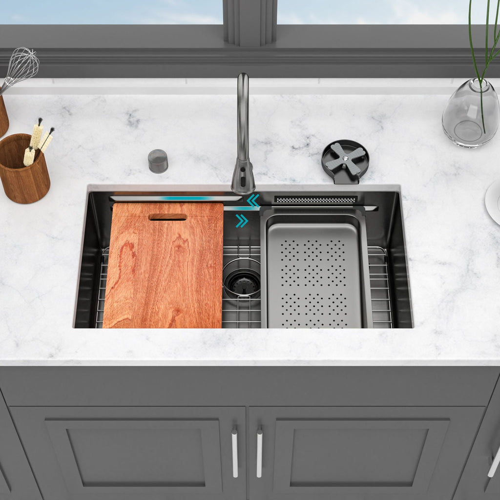 Undermount Stainless Steel Kitchen Sink with Pull Down Faucet & Ledge Workstation - Gray or Black