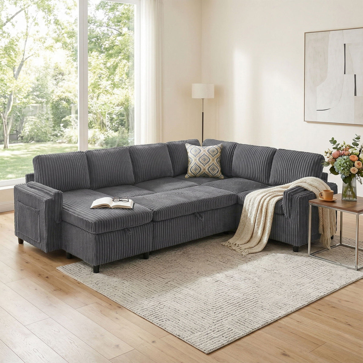 Convertible U-Shaped Sectional Sofa Bed with USB Ports and Storage – Black, Dark Gray, Blue