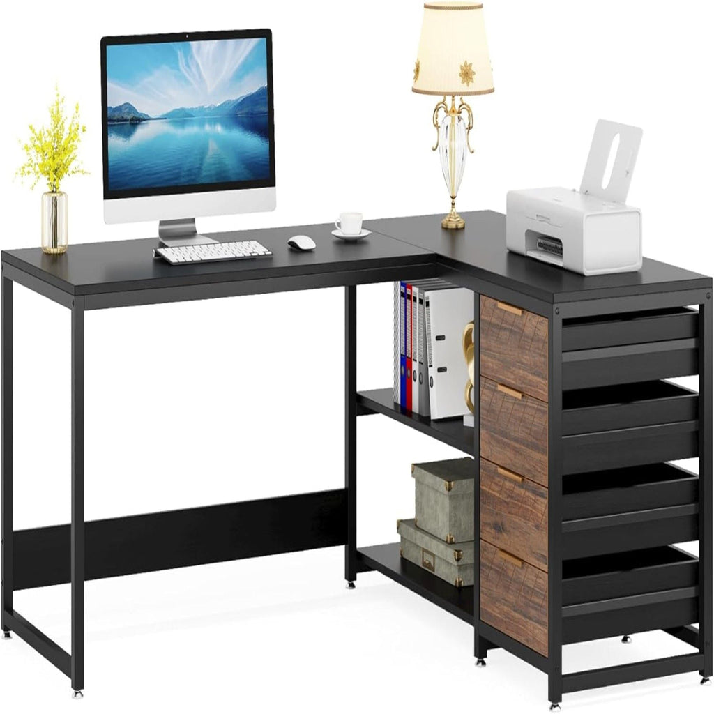 L-Shaped Computer Desk with Drawers and Shelves - Black or Dark Brown