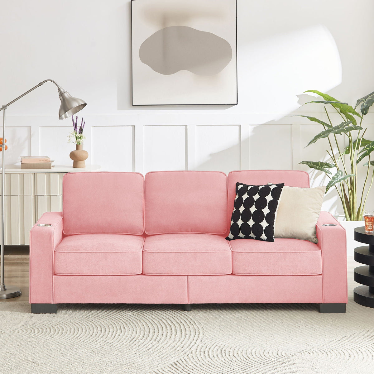Modern Snowfleece Fabric 3 Seater Sofa with Cup Holder – Pink