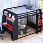 Full Size Wooden Gaming Bunk Bed with Desk and LED Light - Black/Red