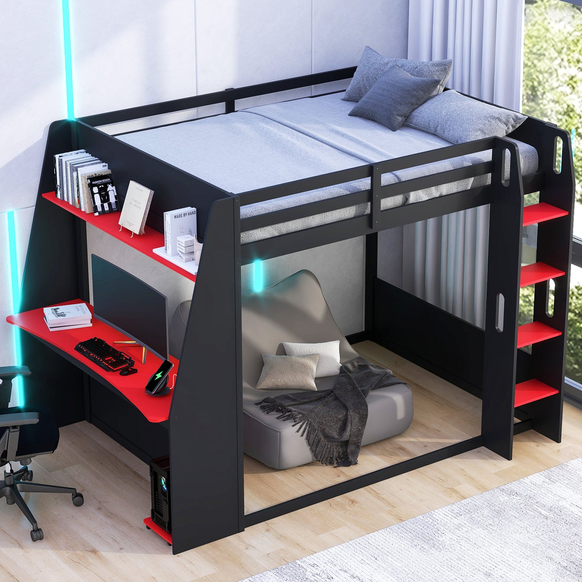 Full Size Wooden Gaming Bunk Bed with Desk and LED Light - Black/Red