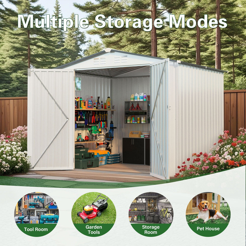 Outdoor Garden Storage Shed with Lockable Doors and Window - White / Gray